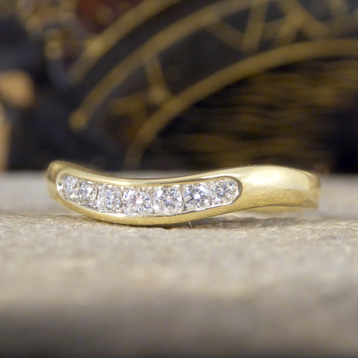 Diamond Set Curved Wishbone Ring in Yellow Gold - Wharfedale Antiques