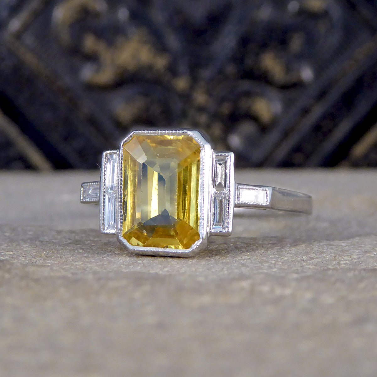 Art Deco Style Yellow Sapphire and Baguette Cut Diamond Ring in Platinum - Wharfedale Antiques
