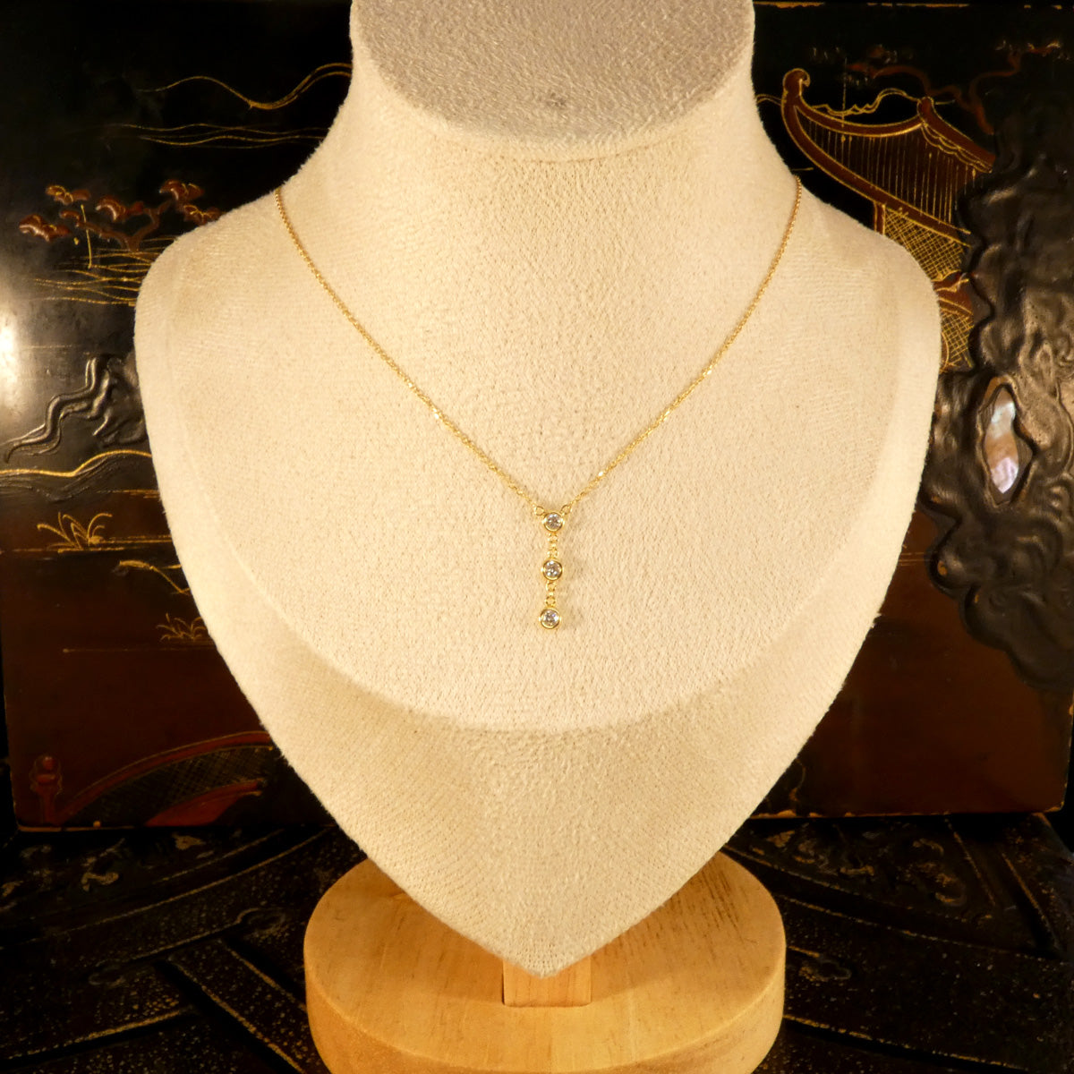 Dainty and Stackable Diamond Three Stone Drop Necklace in Yellow Gold - Wharfedale Antiques