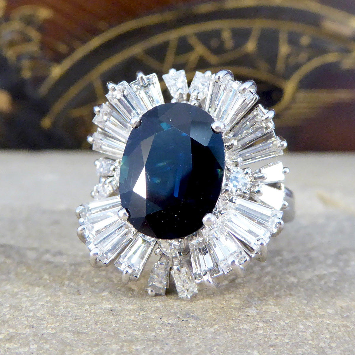 Deep 4.33ct Sapphire and Diamond Ballerina Ring in 18ct White Gold - Wharfedale Antiques