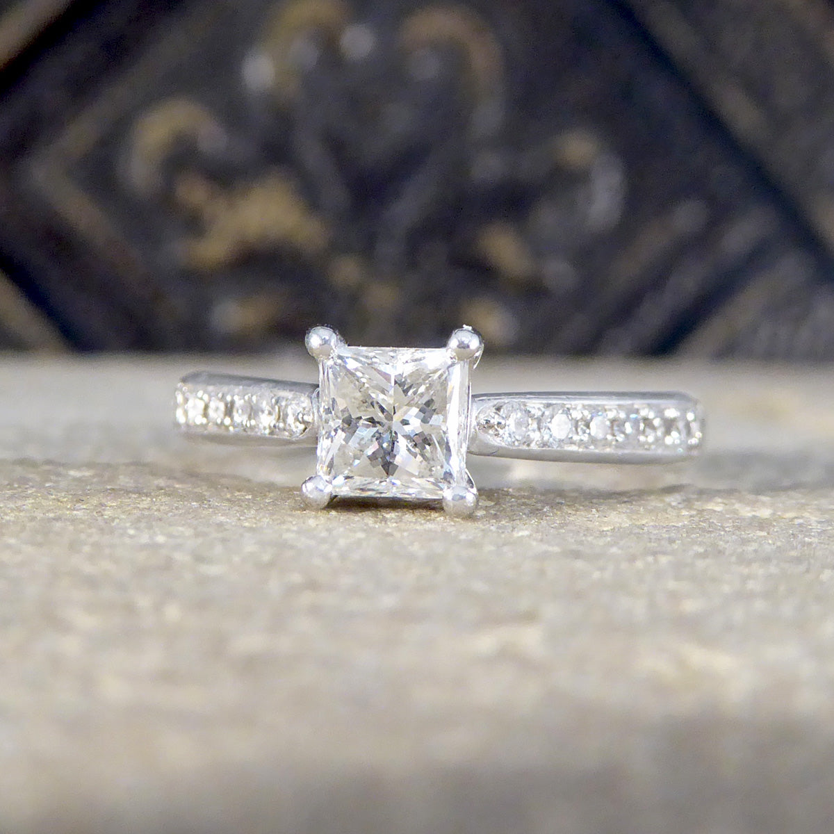 Princess Cut Diamond Engagement Ring with Diamond Set Shoulders in Platinum - Wharfedale Antiques