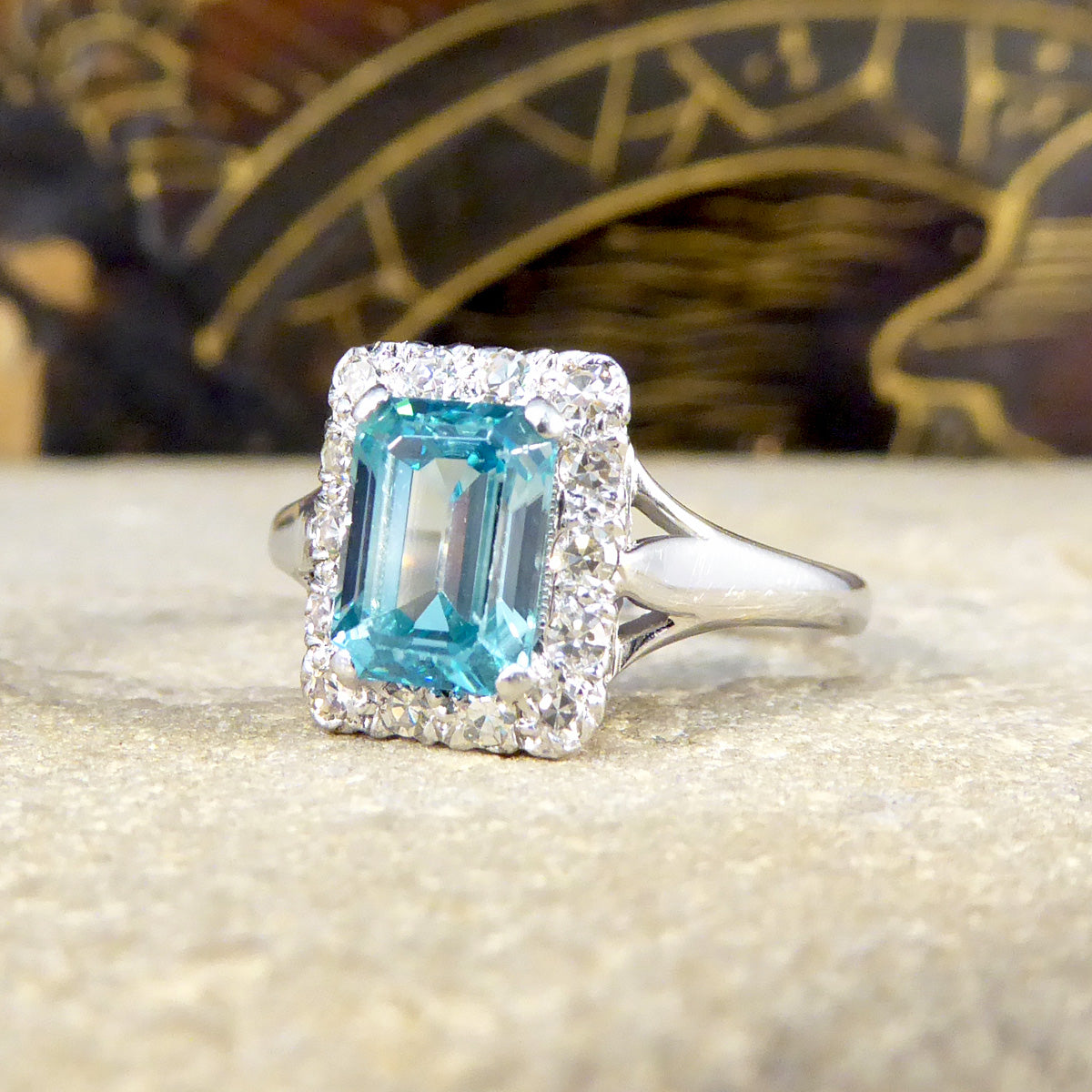 Blue Zircon and Diamond Cluster ring in 18ct White Gold and Platinum