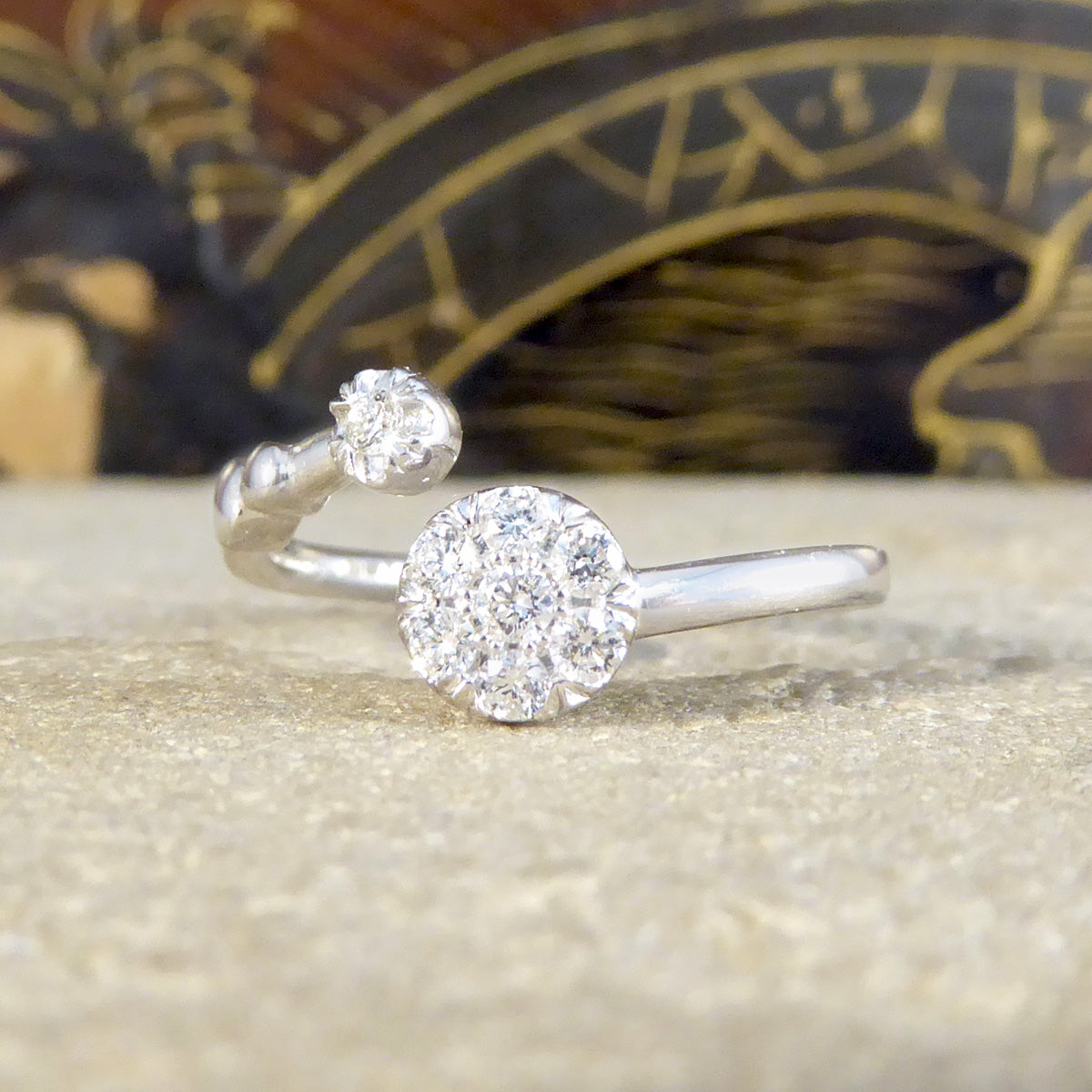 Diamond Daisy Cluster Torque Ring in White Gold - Wharfedale Antiques