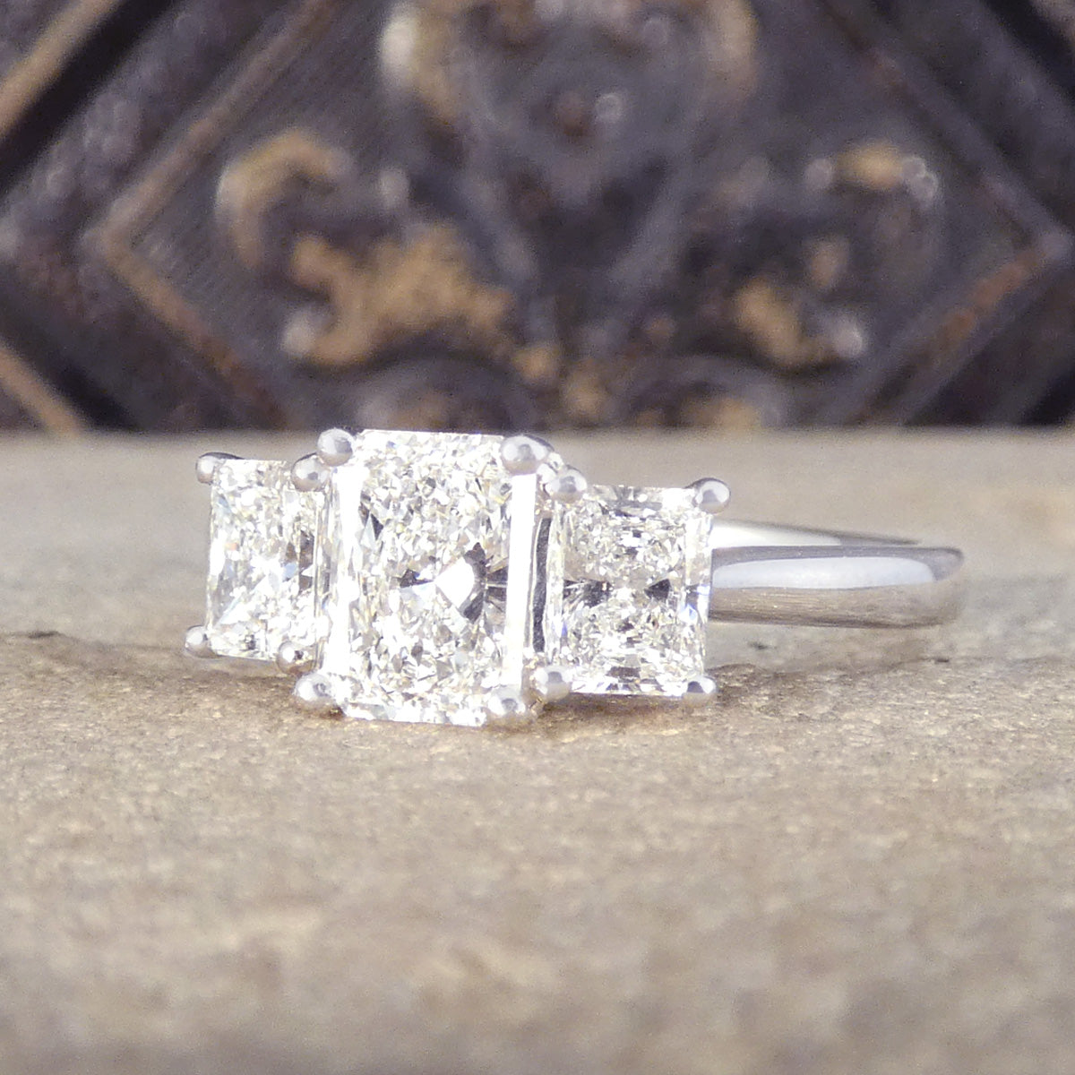 1.43ct Radiant Cut Diamond GIA Cert F/VS Three Stone Ring in Platinum - Wharfedale Antiques