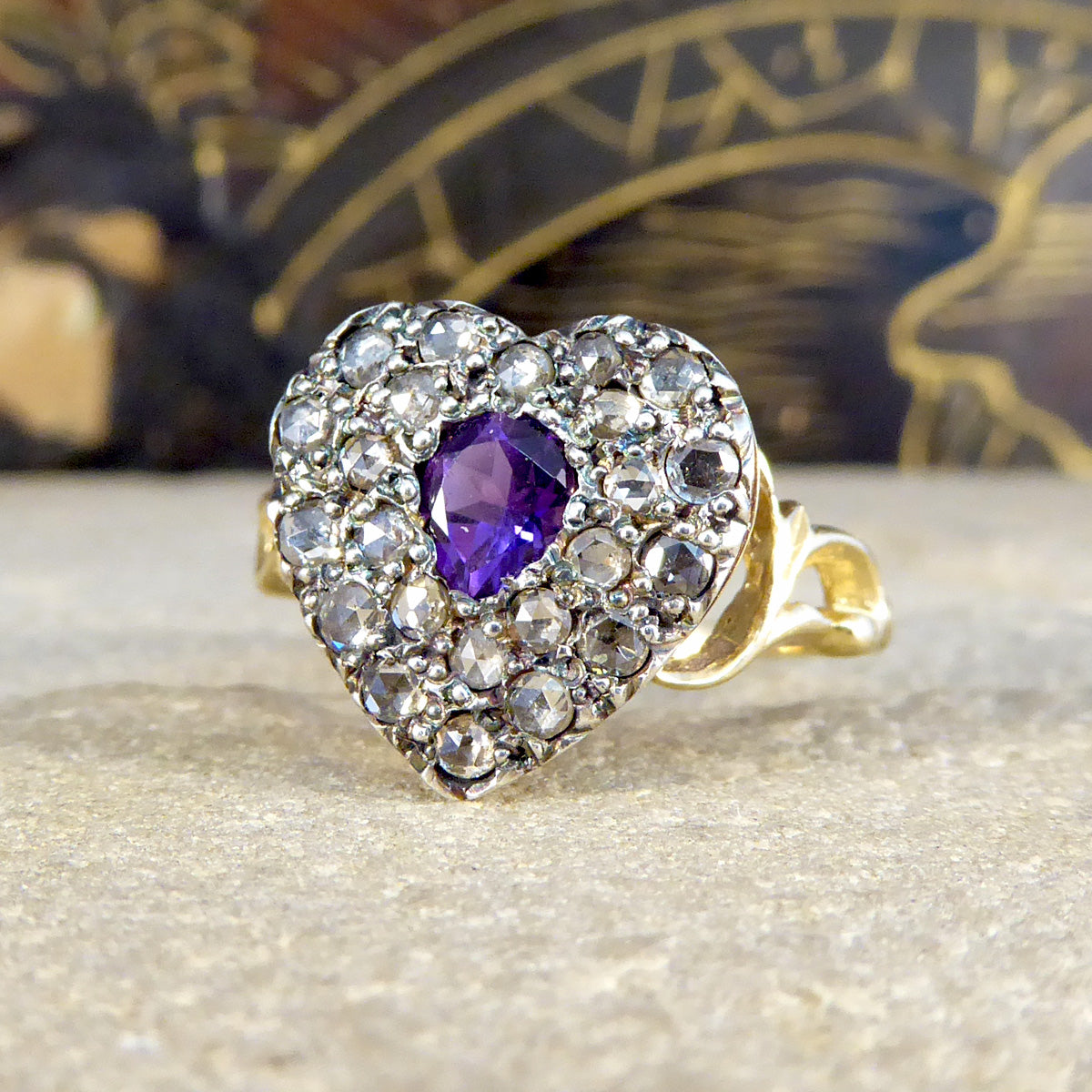 Early Victorian Style Amethyst and Rose Cut Diamond Heart Ring in 18ct Gold - Wharfedale Antiques