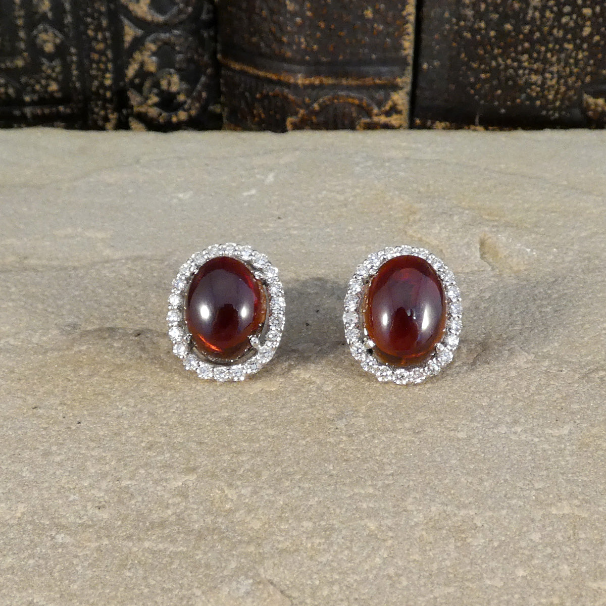 Cabochon Garnet and Diamond Halo Stud Earrings in 18ct White Gold - Wharfedale Antiques