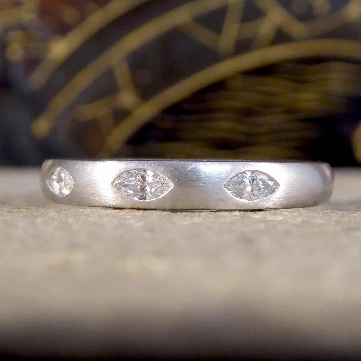 Marquise Diamond Set Brown and Newirth Ring in 18ct White Gold with Satin Matt Finish - Wharfedale Antiques