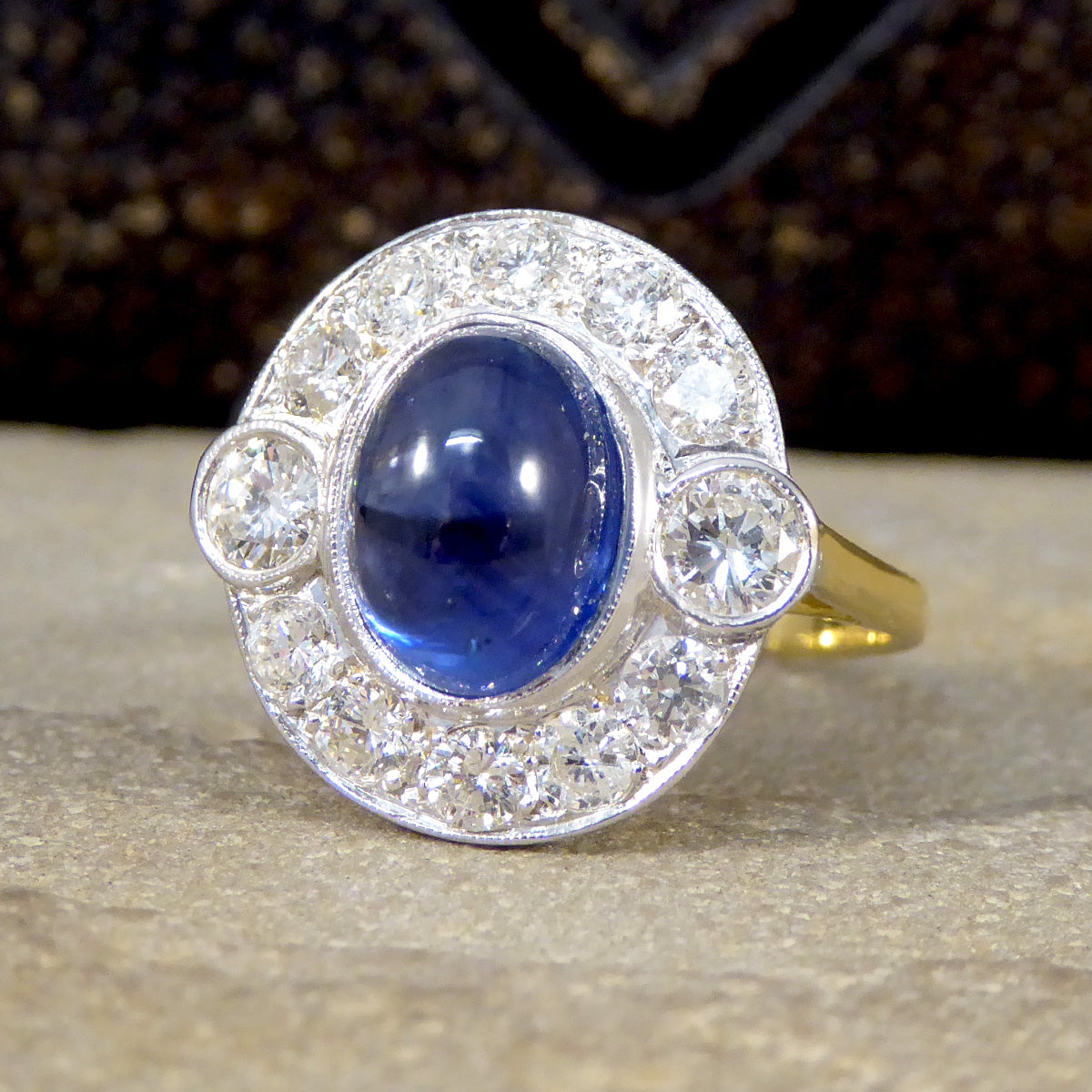 Cabochon Cut Sapphire and Diamond Cluster Ring in 18ct Gold - Wharfedale Antiques