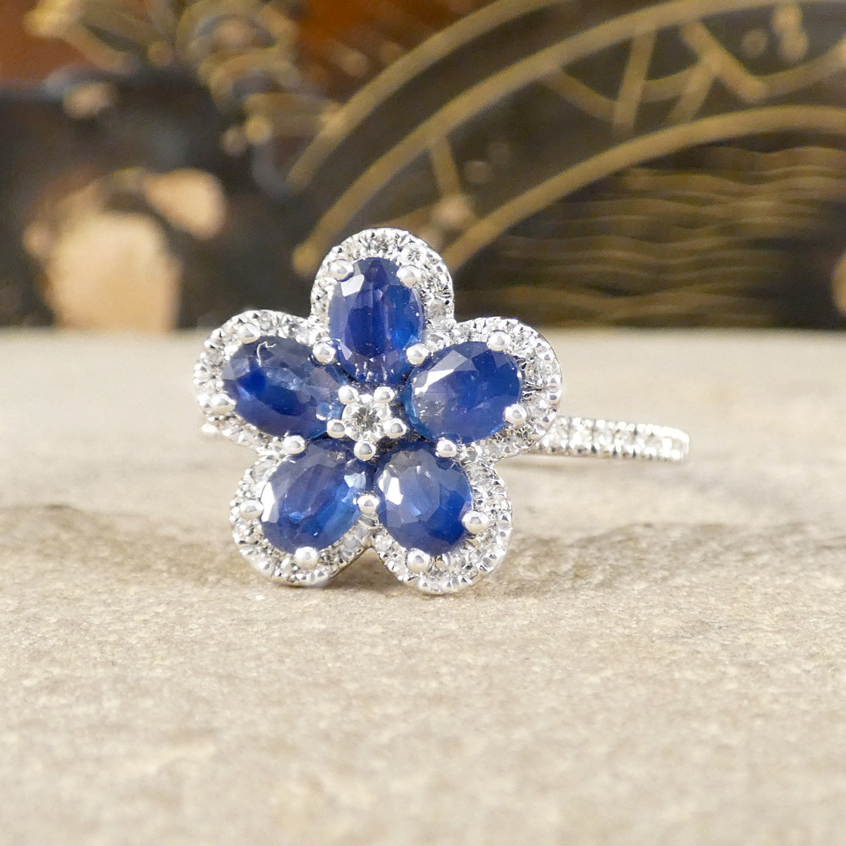 Sapphire and Diamond flower cluster ring in 18ct white gold