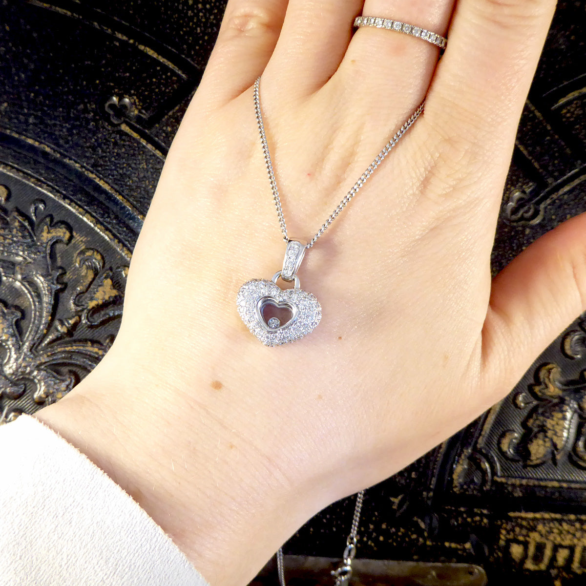 Diamond Set Heart Happy Diamonds Style Necklace in 18ct White Gold on White Gold Chain - Wharfedale Antiques