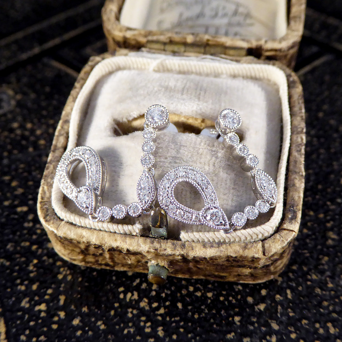 Diamond Set Pear Detailed Drop Earrings in White Gold - Wharfedale Antiques