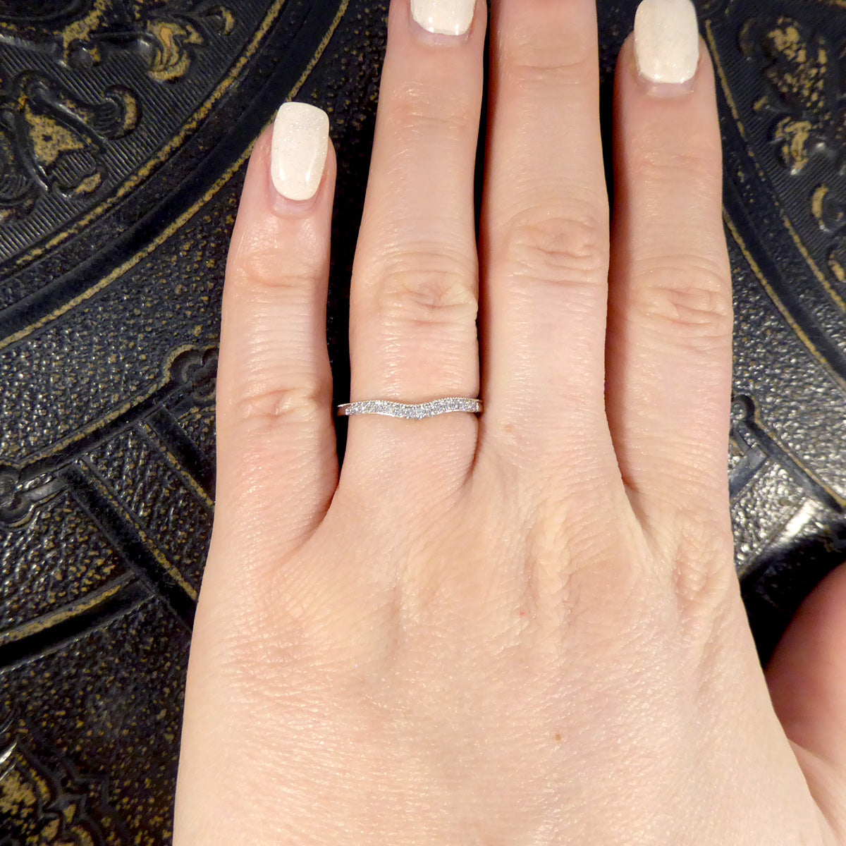 Diamond Set Fine Curved Wishbone Ring in 18ct White Gold - Wharfedale Antiques