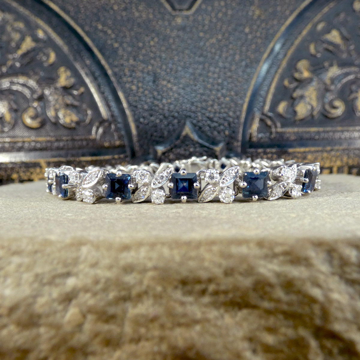 Vintage Square Cut Sapphire and Diamond Line Bracelet in 18ct White Gold C1990 - Wharfedale Antiques