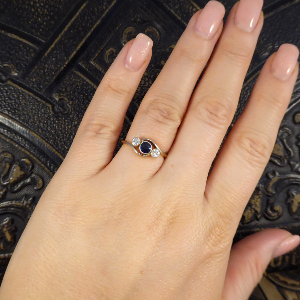 Edwardian Sapphire & Diamond Three Stone Crossover Ring in 18ct Gold and Platinum - Wharfedale Antiques