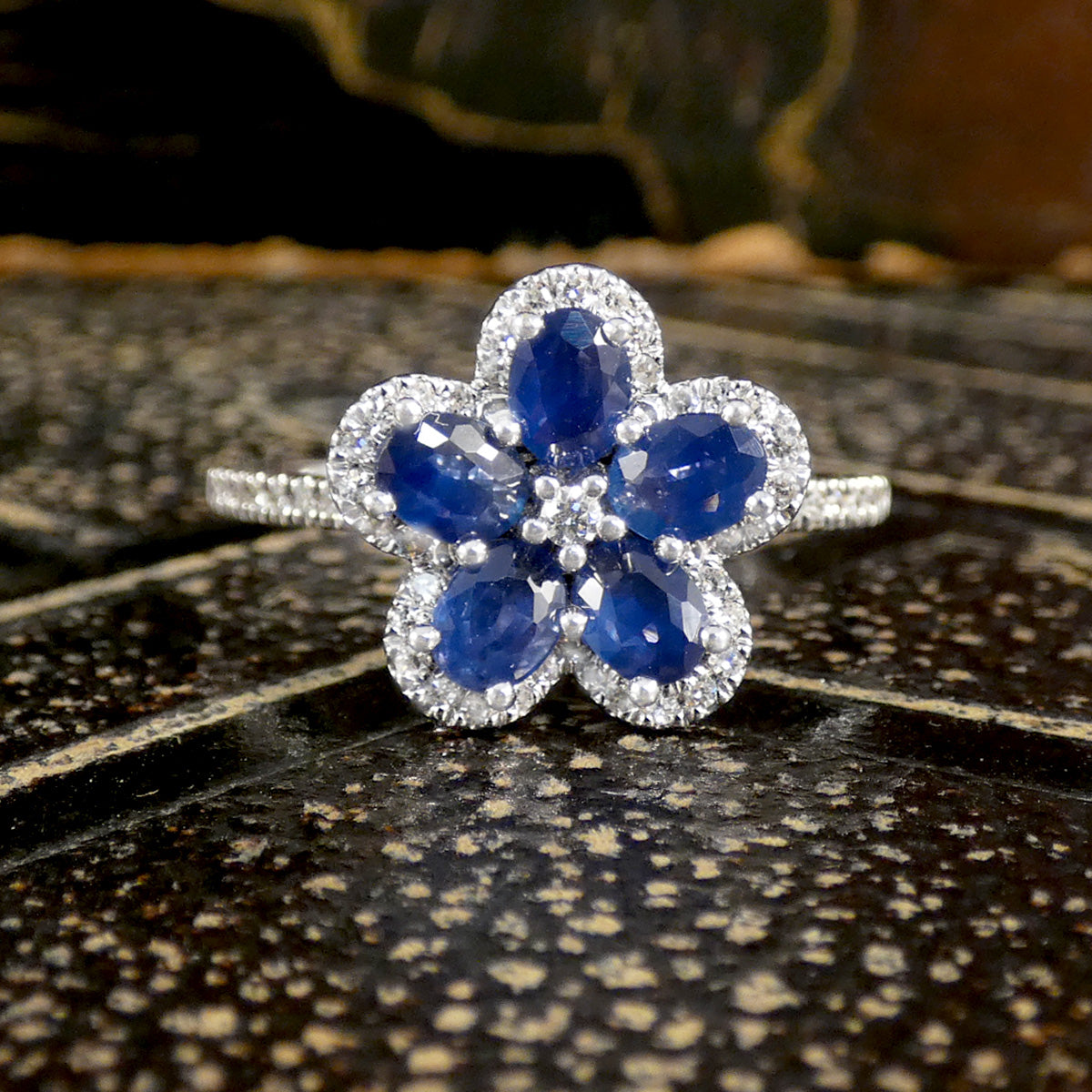 Sapphire and Diamond flower cluster ring in 18ct white gold