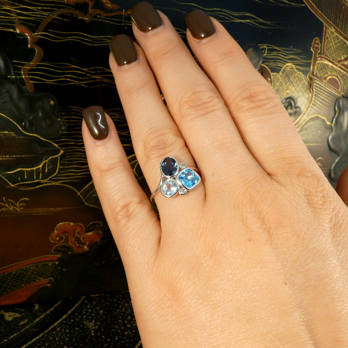 Trio of Blue Topaz and Diamond Cocktail Ring in White Gold - Wharfedale Antiques