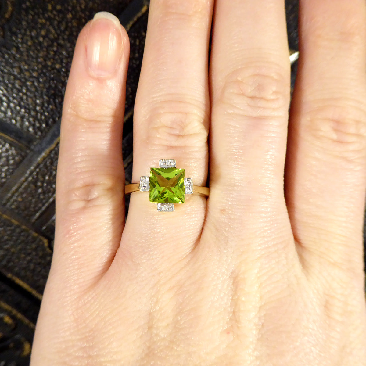 Vintage Peridot and Diamond Geometric Ring in Yellow Gold - Wharfedale Antiques
