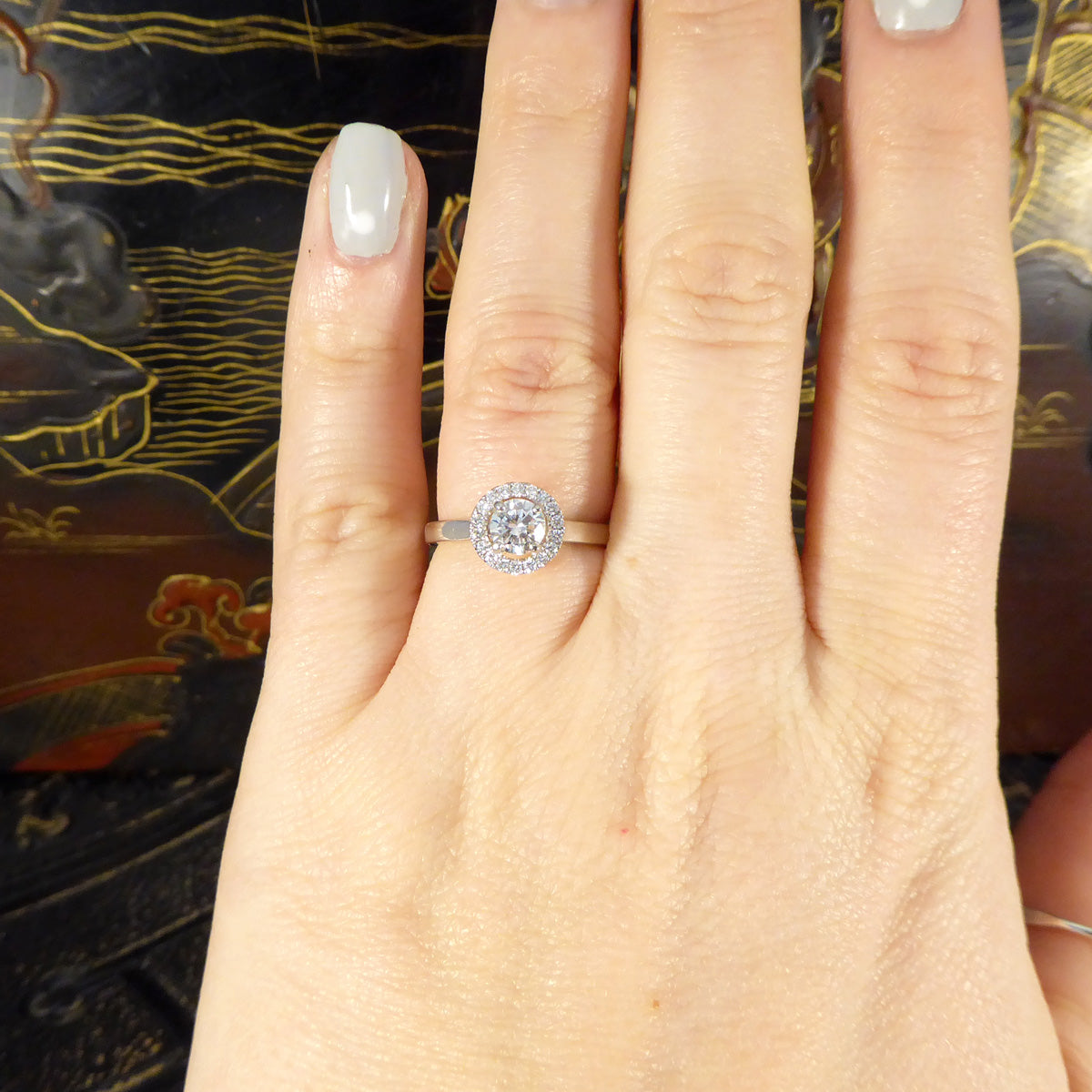 Modern Diamond Halo Cluster Wedfit Engagement Ring in Platinum - Wharfedale Antiques