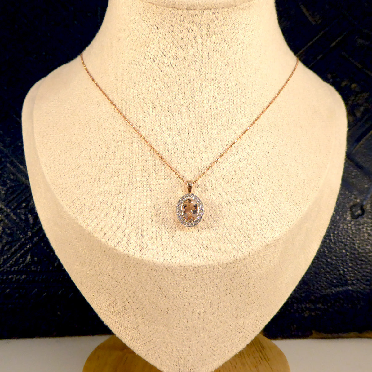 Morganite and Diamond Halo Cluster Pendant Necklace in White and Rose Gold - Wharfedale Antiques