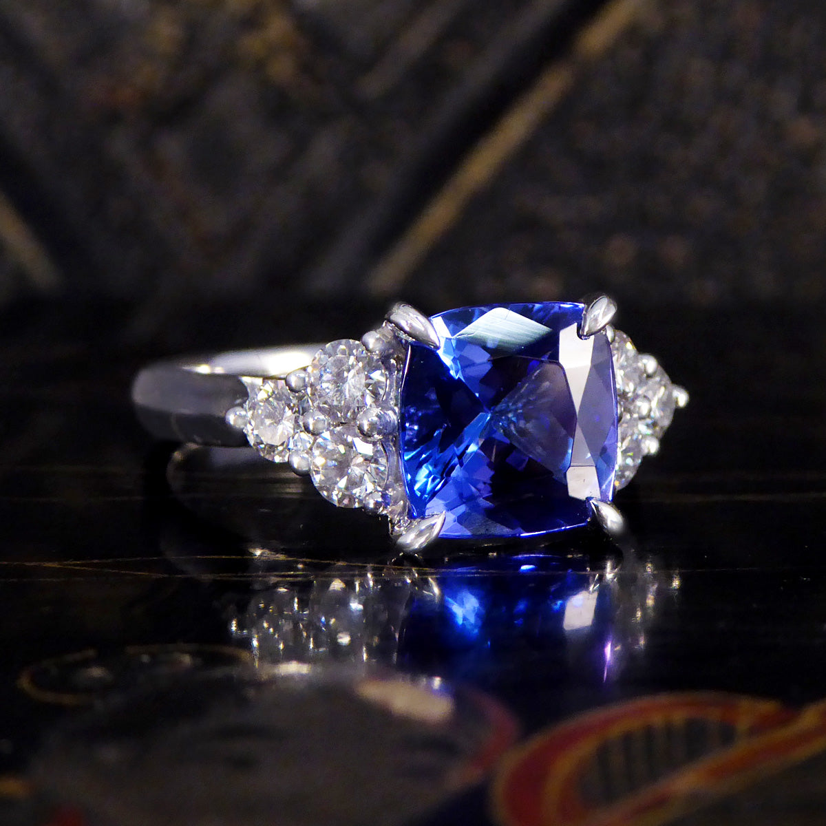 Vibrant 2.40ct Cushion Cut Tanzanite and Diamond Trio Set Shoulders in Platinum - Wharfedale Antiques