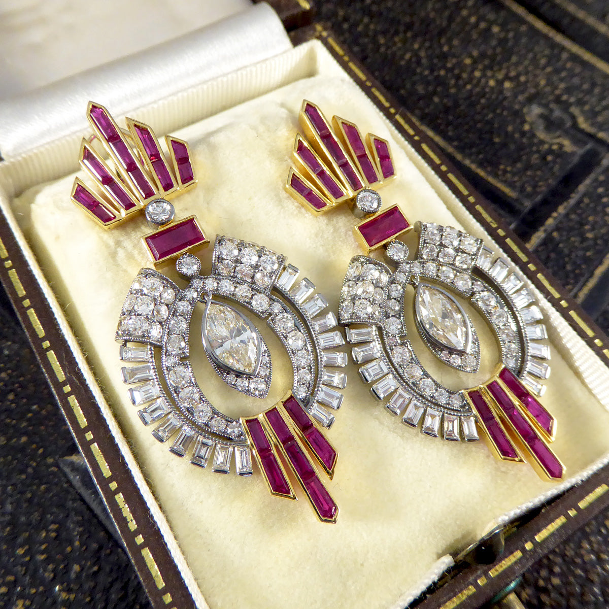 1960's Ruby and Diamond Drop Cocktail Dress Earrings in 18ct Gold and Platinum - Wharfedale Antiques