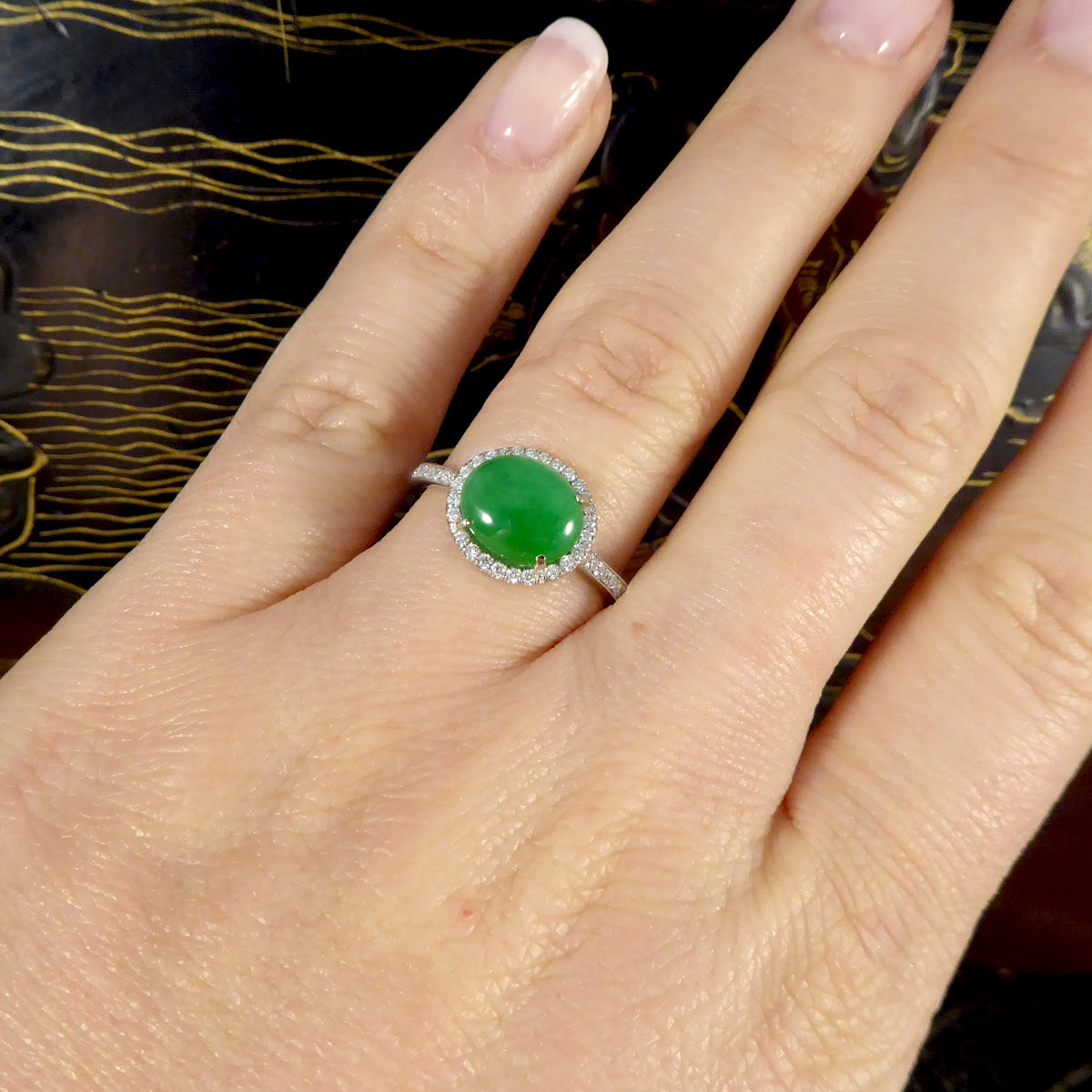 Jade and Diamond Halo Cluster ring in Platinum - Wharfedale Antiques