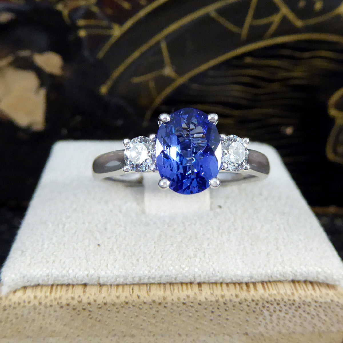 Tanzanite and Diamond Three Stone Ring in 18ct White Gold - Wharfedale Antiques