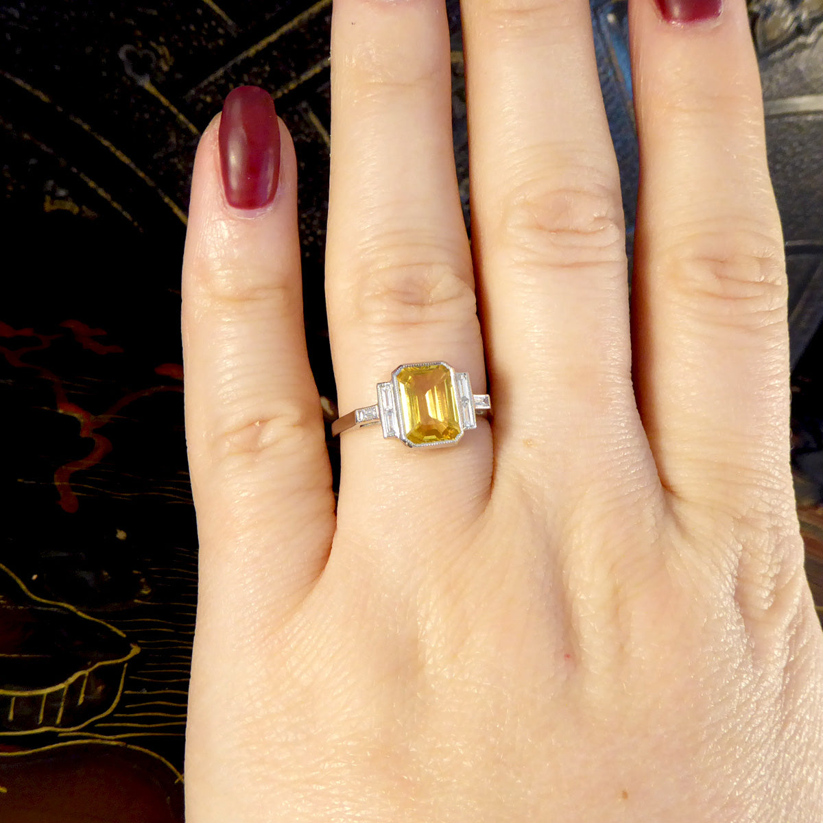 Art Deco Style Yellow Sapphire and Baguette Cut Diamond Ring in Platinum - Wharfedale Antiques