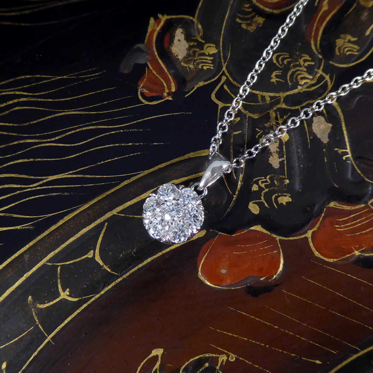 Diamond 2.00ct Illusion Cluster Pendant Necklace in White Gold - Wharfedale Antiques