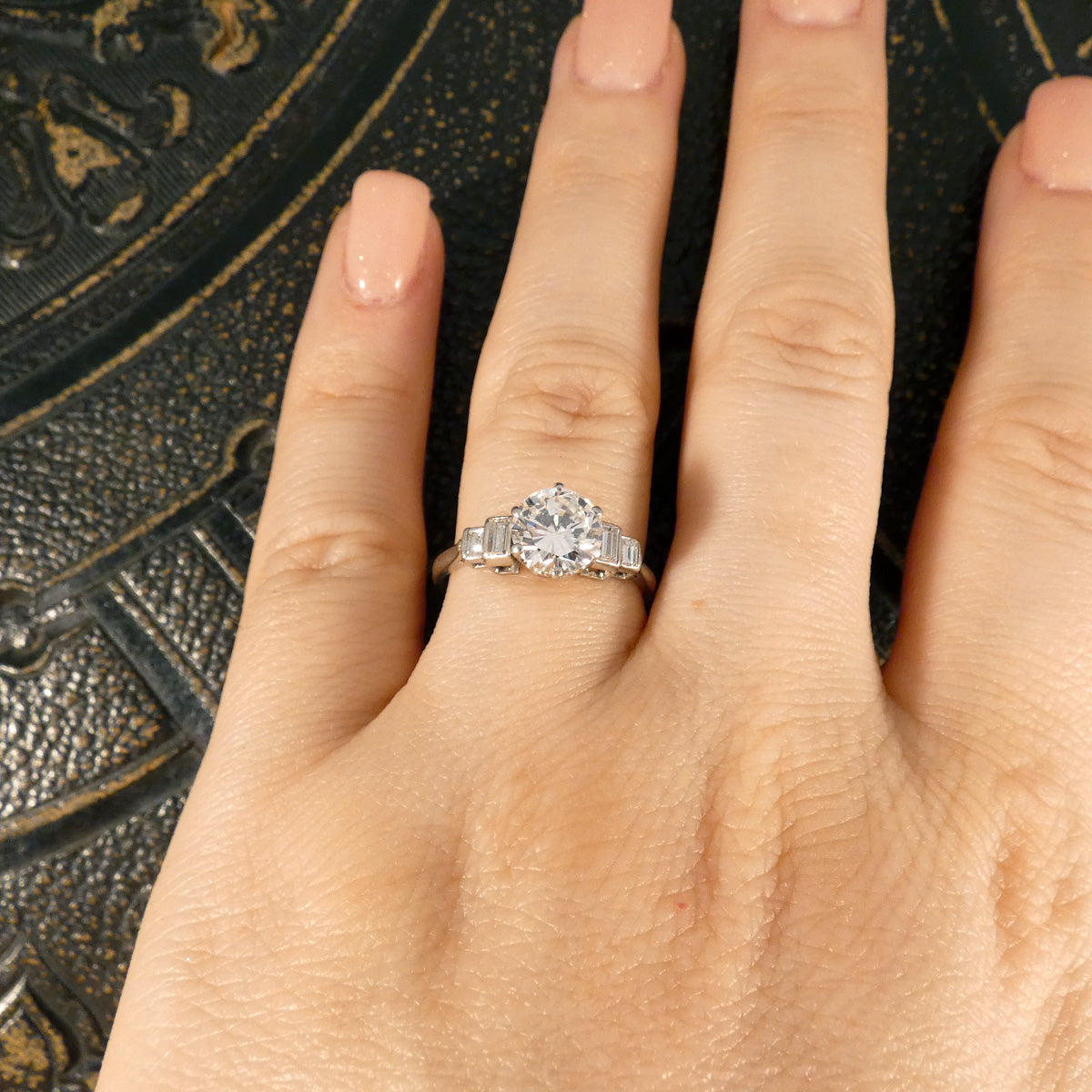 Art Deco 1.20ct Early Brilliant Cut Diamond Solitaire with Baguette Cut Shoulders in Platinum - Wharfedale Antiques