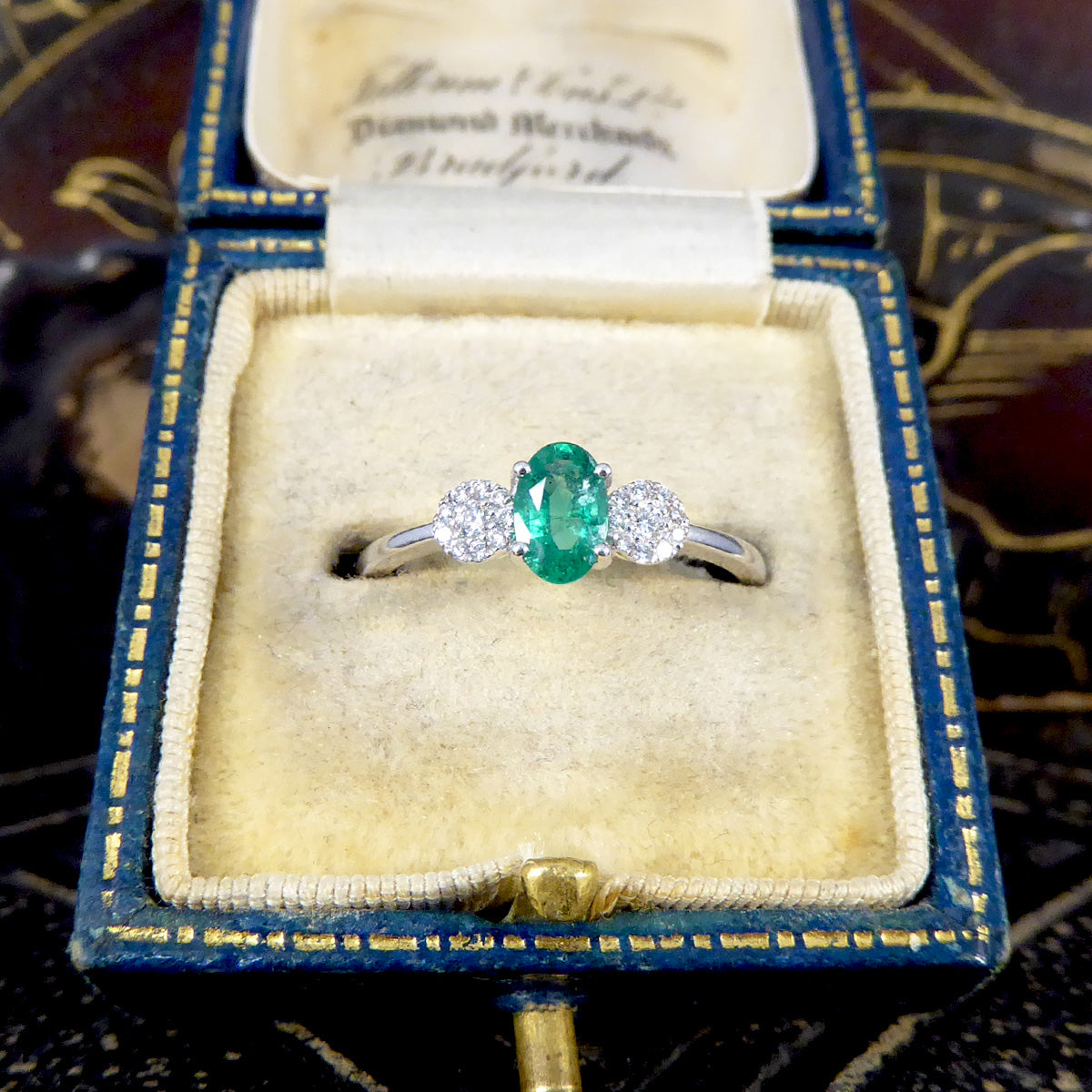 Emerald and Diamond Illusion Three Stone Ring in 18ct White Gold - Wharfedale Antiques