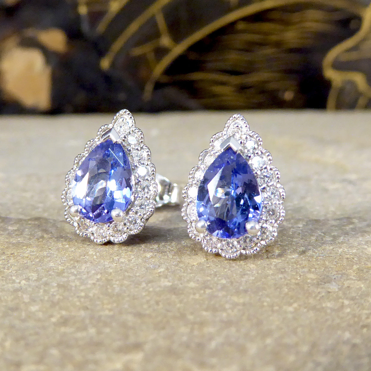 Pear Cut Tanzanite and Diamond Cluster Earrings in White Gold - Wharfedale Antiques
