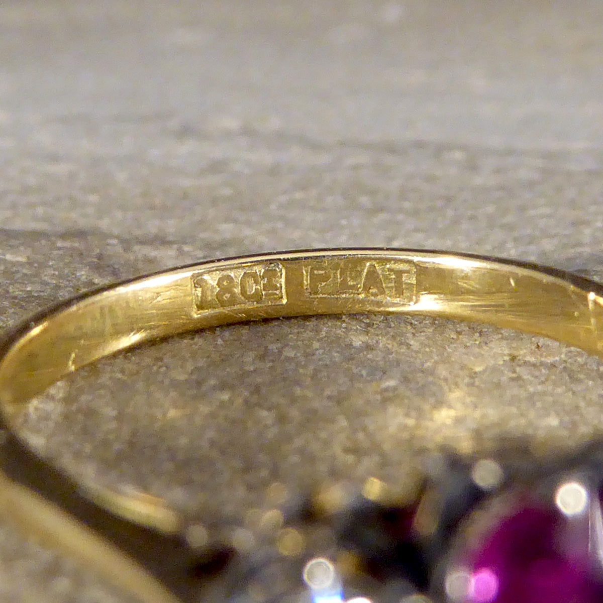 Early 20th Century Ruby and Diamond Three Stone Ring in 18ct Yellow Gold and Platinum - Wharfedale Antiques