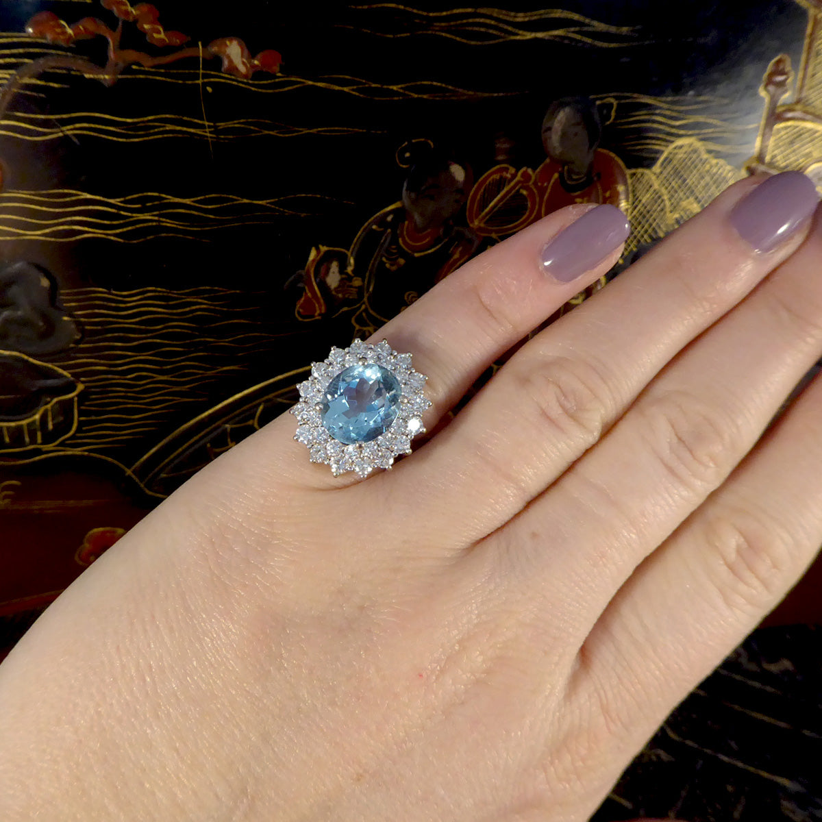 4.30ct Aquamarine and Diamond Double Cluster Ring in 18ct White Gold