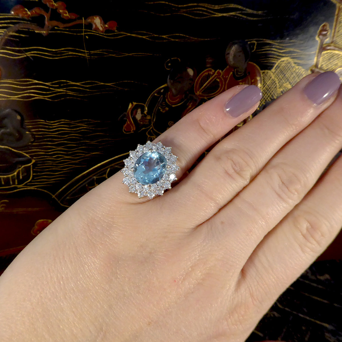 4.30ct Aquamarine and Diamond Double Cluster Ring in 18ct White Gold - Wharfedale Antiques
