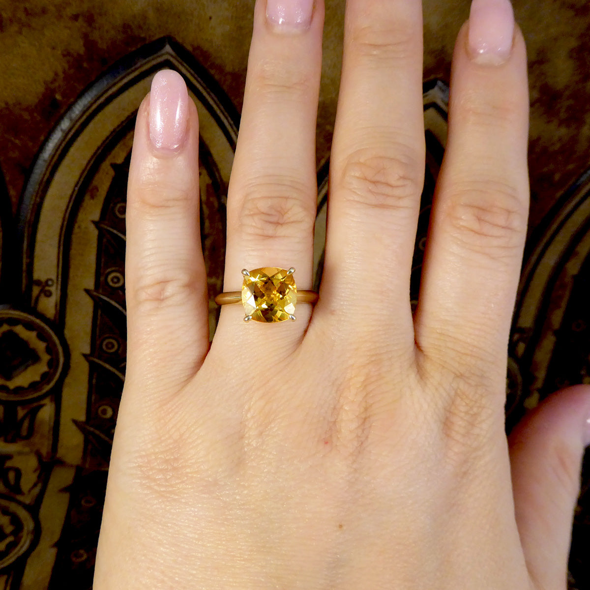 Cushion Citrene Solitaire Ring in Yellow Gold - Wharfedale Antiques