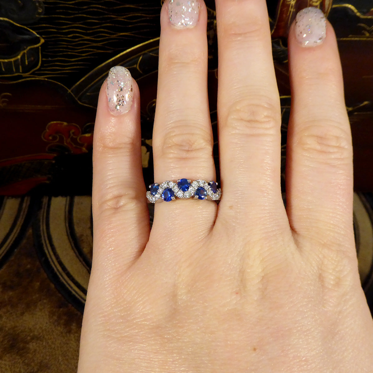 Ceylon Sapphire and Diamond Lazy River Ring in Platinum - Wharfedale Antiques