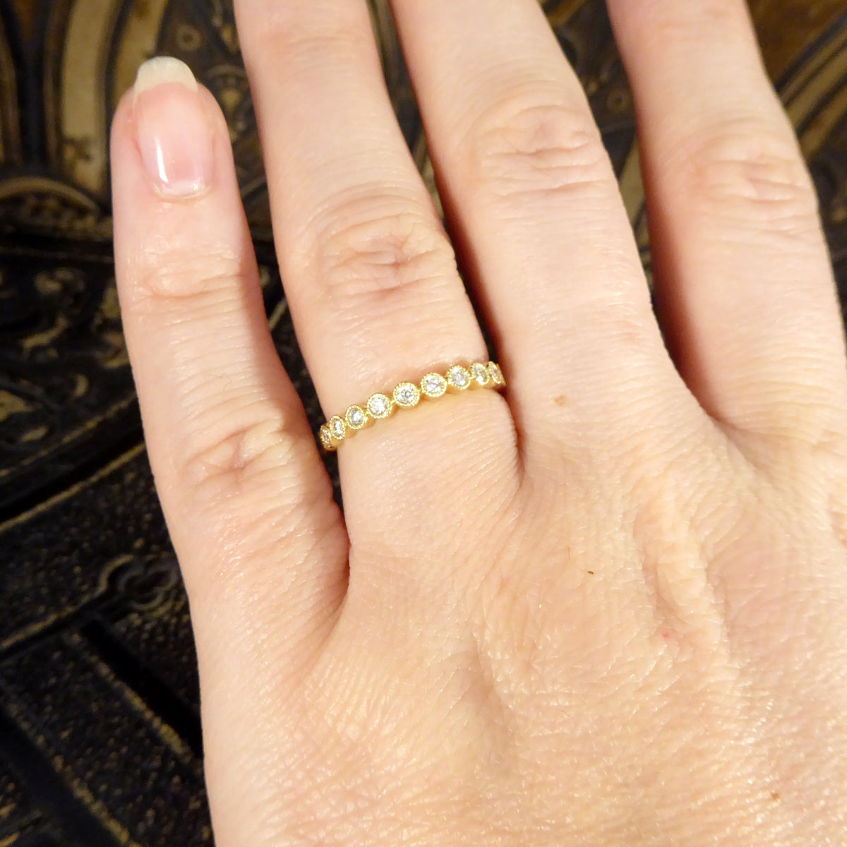 Diamond Half Eternity Ring in Circular Style Rub Over Collar Set Yellow Gold