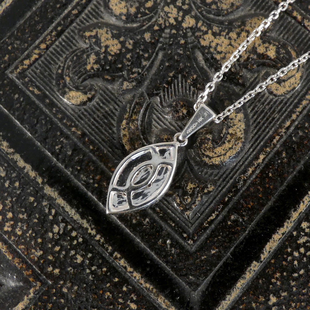 Silver pendant necklace on an ornate black background