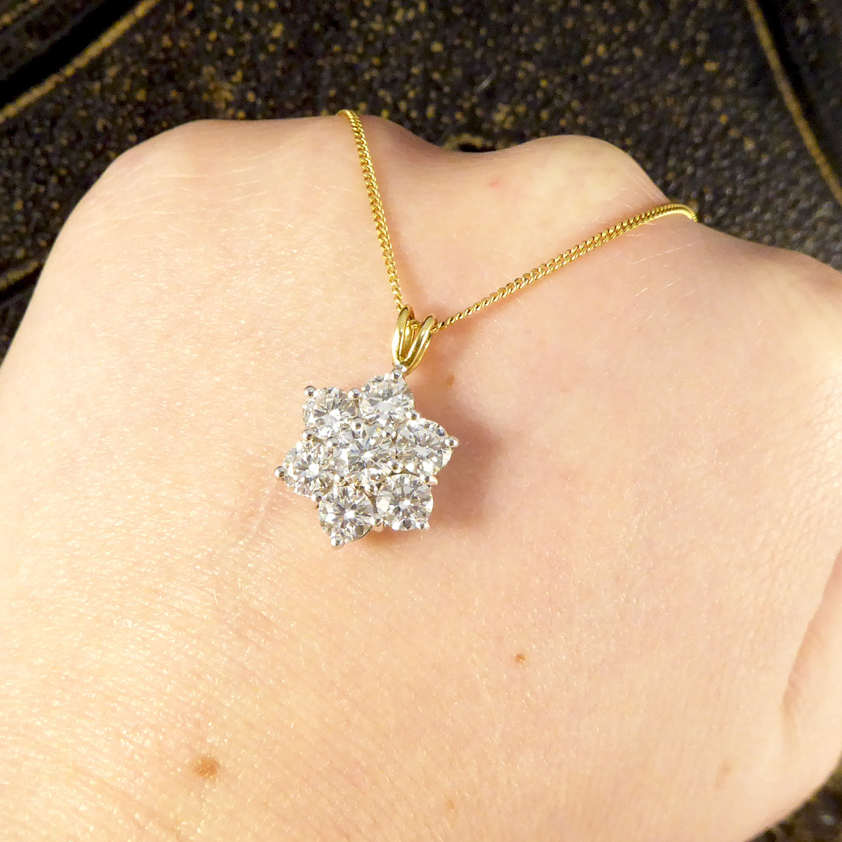 2.30ct Diamond Daisy Cluster Pendant Necklace in 18ct White and Yellow Gold - Wharfedale Antiques