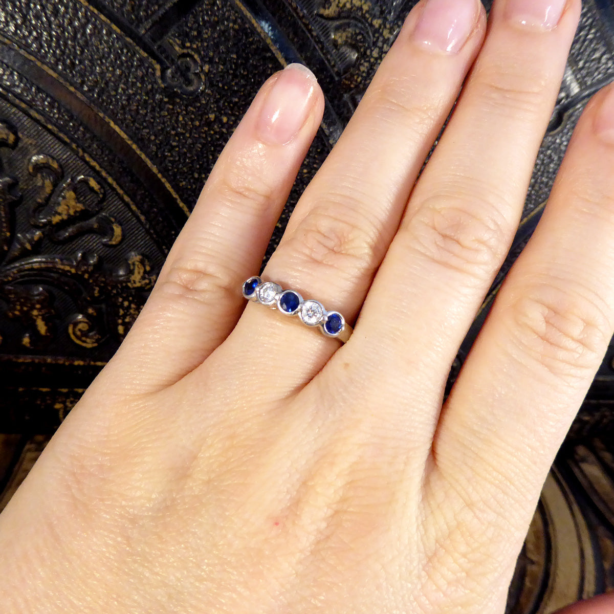 Sapphire and Diamond Bezel set Ring in 18ct White Gold - Wharfedale Antiques