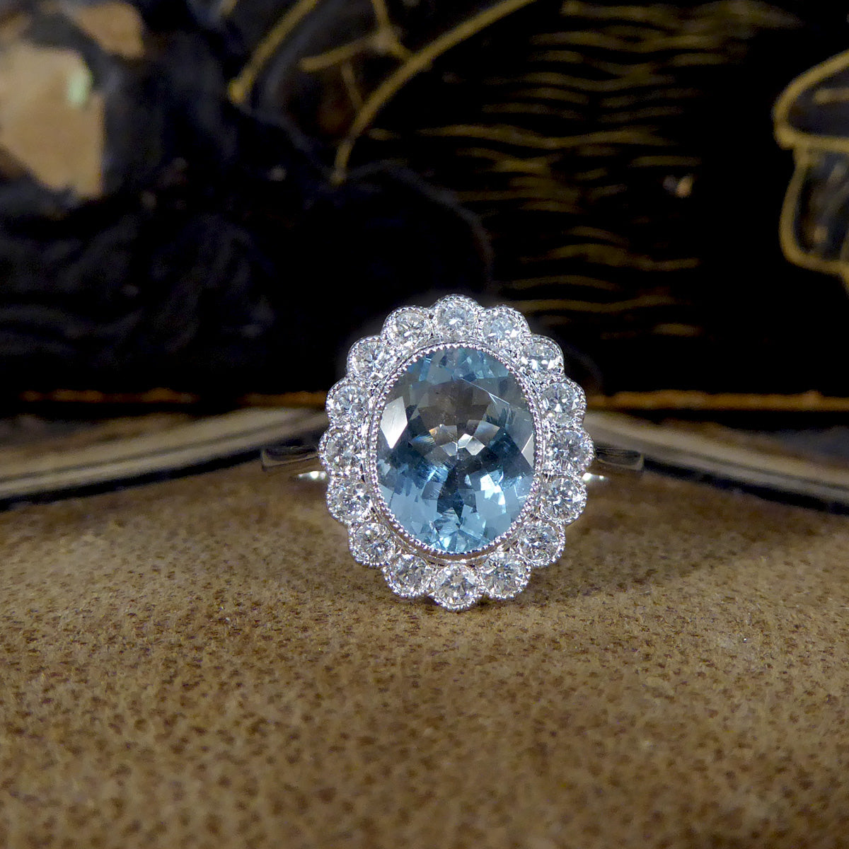 Vintage style 1.69ct Aquamarine and Diamond Cluster Ring in 18ct White Gold - Wharfedale Antiques