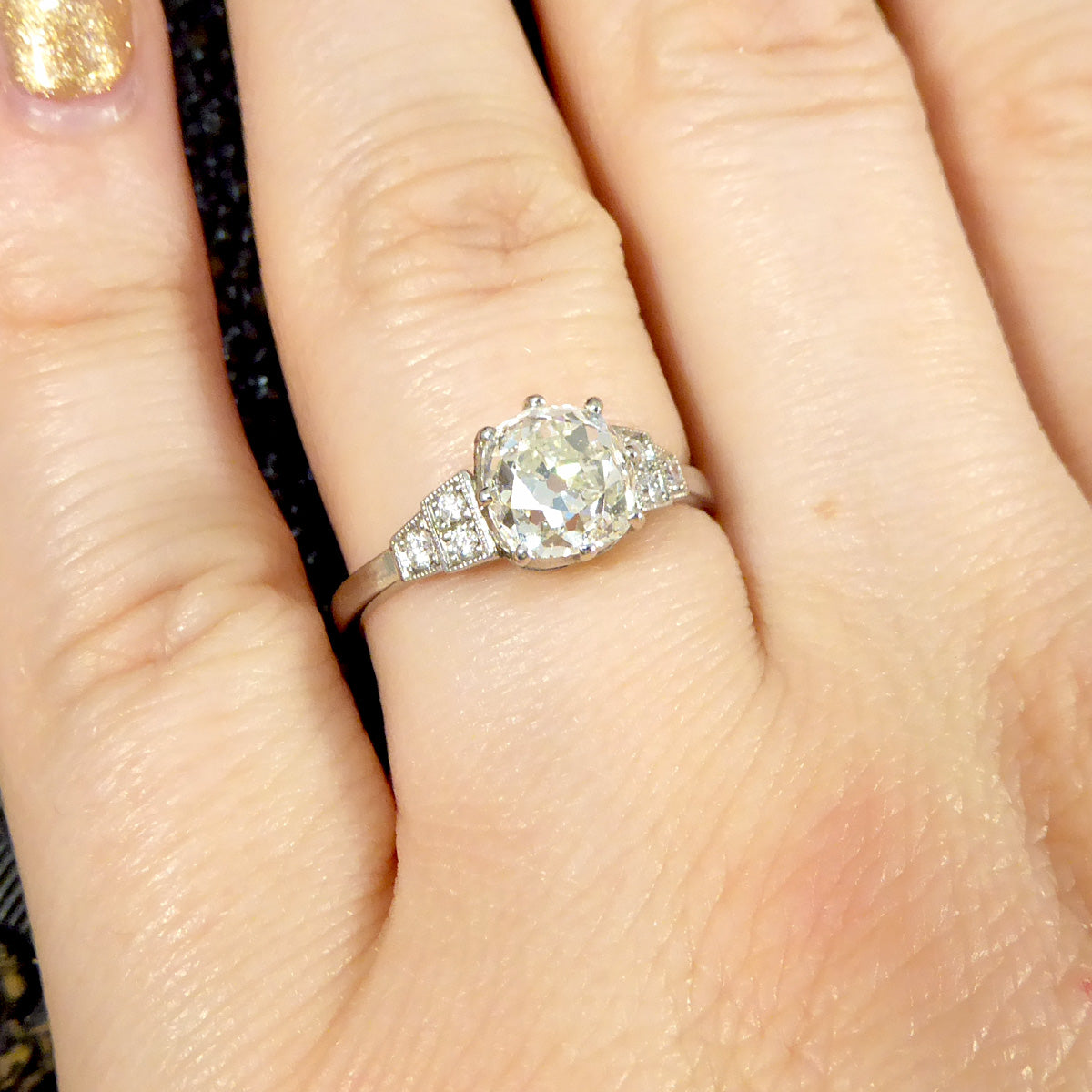 1.70ct Old European Cushion Cut Diamond Solitaire with Diamond Shoulders in Platinum - Wharfedale Antiques