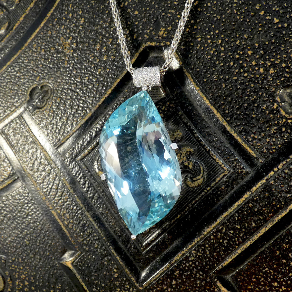 Tremendous Over 70ct Aquamarine Leaf Pendant with Diamond Bail in 18ct White Gold - Wharfedale Antiques