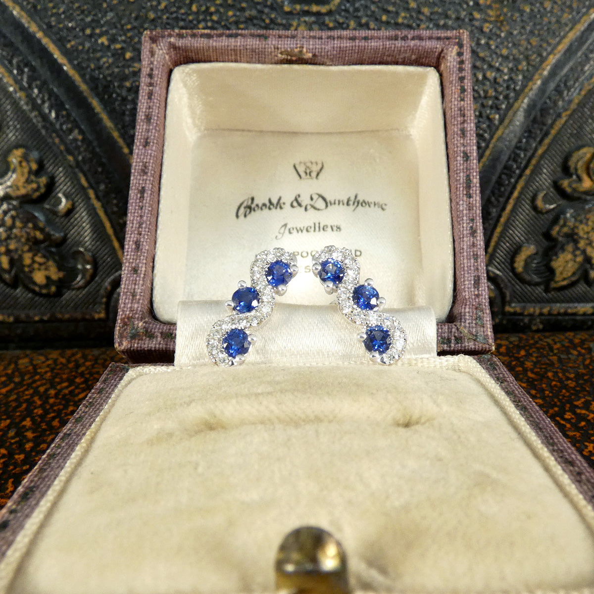 Ceylon Sapphire and Diamond Three Stone Lazy River Earrings in Platinum - Wharfedale Antiques