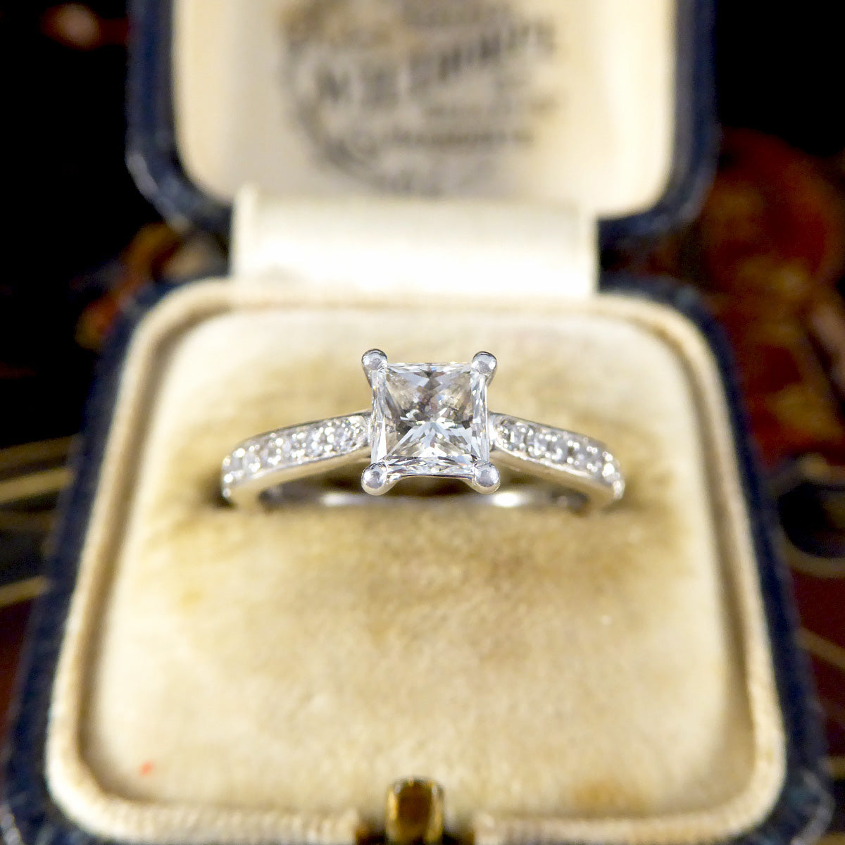 Princess Cut Diamond Engagement Ring with Diamond Set Shoulders in Platinum - Wharfedale Antiques