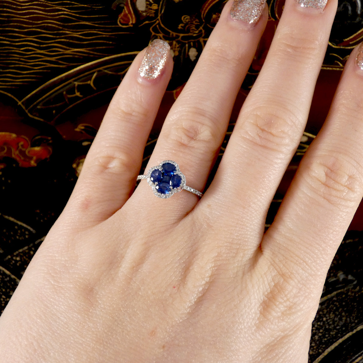 Sapphire and Diamond Shamrock Ring in 18ct White Gold shown on the hand