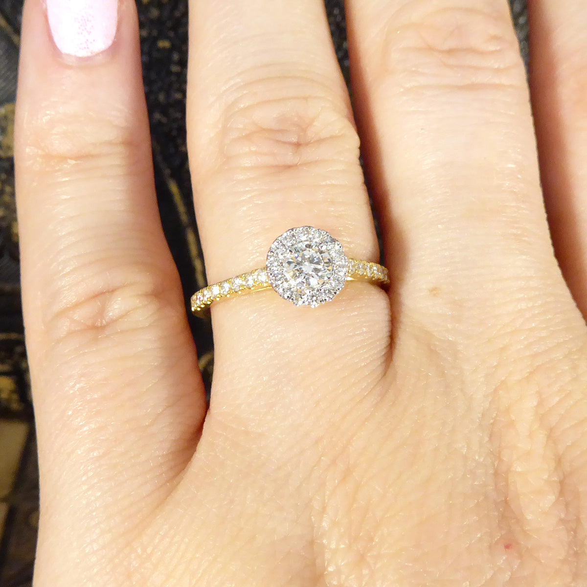 Diamond Cluster Halo Engagement Wedfit Ring with Diamond Shoulders in 18ct Yellow and White Gold - Wharfedale Antiques