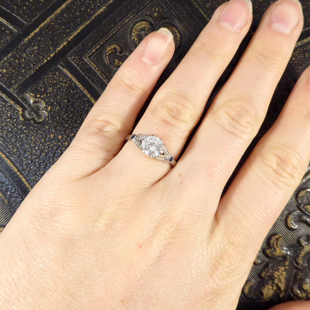 Art Deco 1.10ct Diamond Solitaire Engagement Ring with Diamond and Sapphire Shoulders in Platinum - Wharfedale Antiques