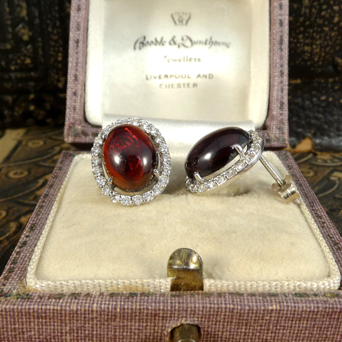 Cabochon Garnet and Diamond Halo Stud Earrings in 18ct White Gold - Wharfedale Antiques